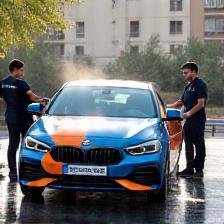 Equipe LavAuto sur place à Lyon, prestation lavage mobile sur parking résidentiel