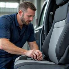 Nettoyage moteur et sièges, LavAuto à Lyon, technicien travaillant sur siège en tissu